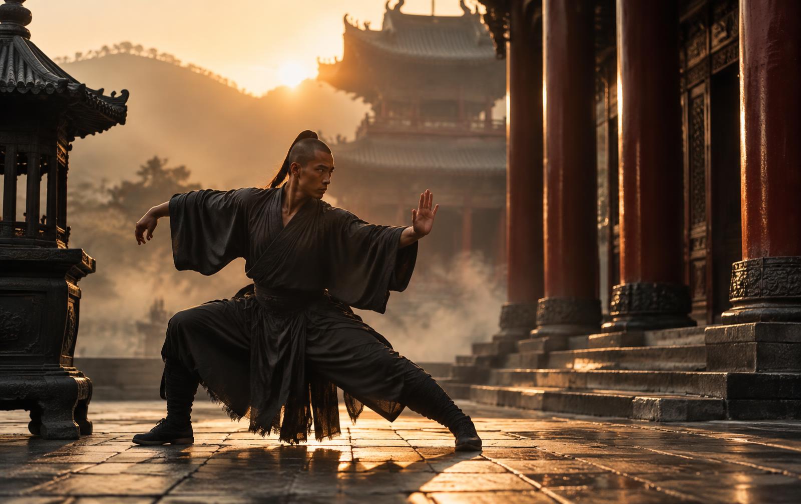 Shaolin-inspired stance at a temple at dawn